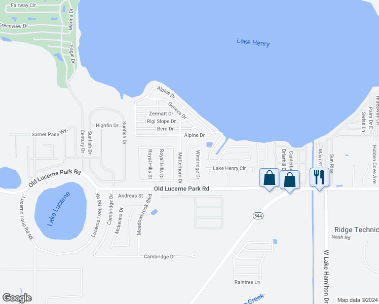 map of restaurants, bars, coffee shops, grocery stores, and more near 5859 Windridge Drive in Winter Haven