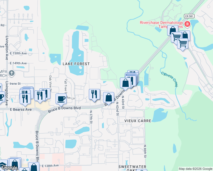 map of restaurants, bars, coffee shops, grocery stores, and more near 4015 Angel Oak Court in Tampa