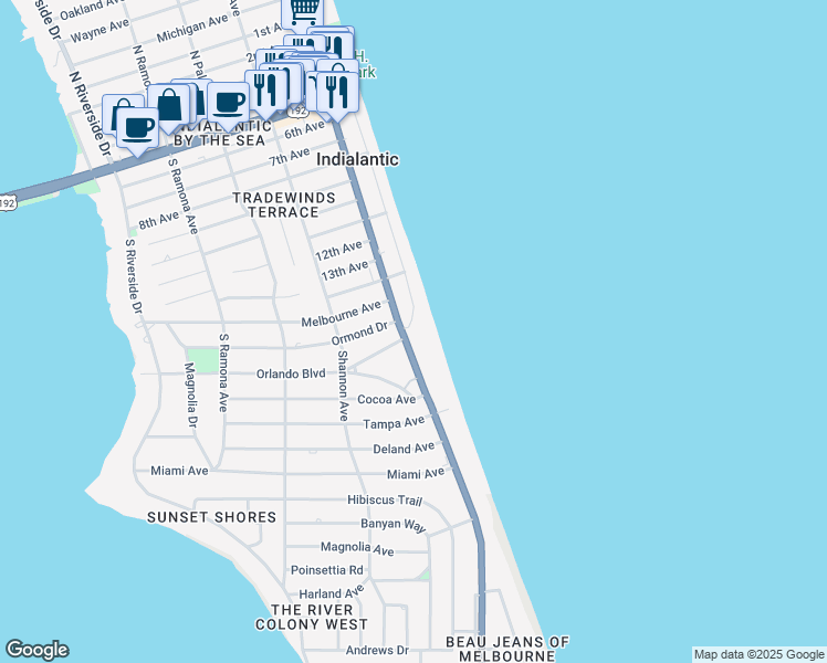 map of restaurants, bars, coffee shops, grocery stores, and more near 1053 Wave Crest Avenue in Indialantic