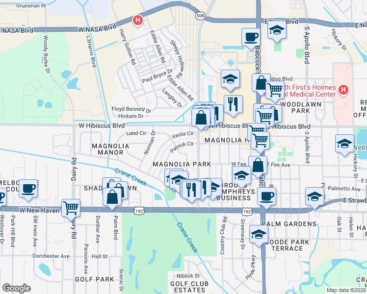 map of restaurants, bars, coffee shops, grocery stores, and more near 317 Patrick Circle in Melbourne