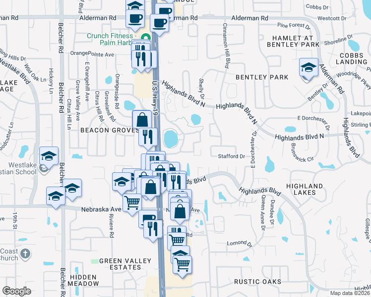 map of restaurants, bars, coffee shops, grocery stores, and more near 2631 Pine Ridge Way South in Palm Harbor