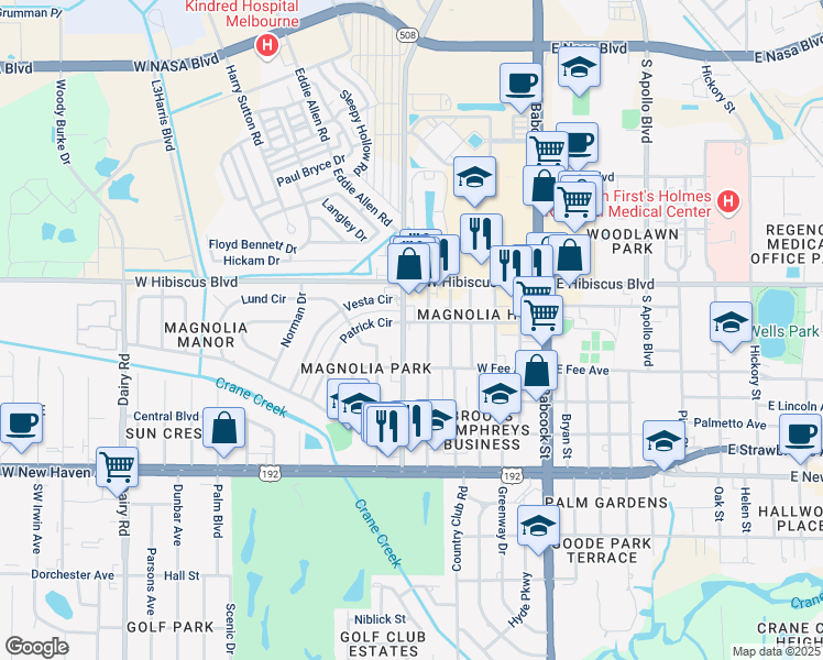 map of restaurants, bars, coffee shops, grocery stores, and more near 207 Seminole Avenue West in Melbourne