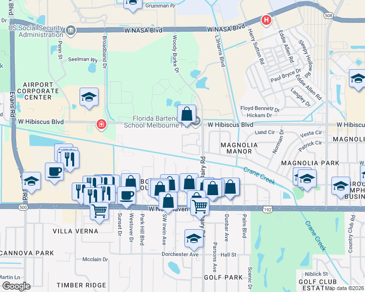 map of restaurants, bars, coffee shops, grocery stores, and more near 102 San Paulo Circle in Melbourne