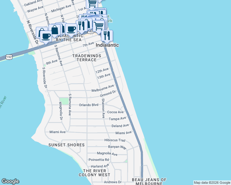 map of restaurants, bars, coffee shops, grocery stores, and more near 120 Ocean Terrace in Indialantic