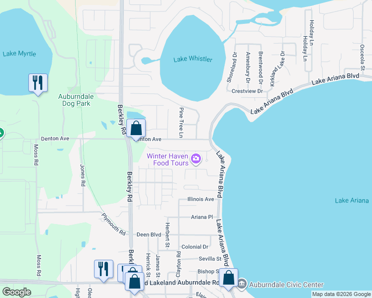 map of restaurants, bars, coffee shops, grocery stores, and more near 176 Amber Boulevard in Auburndale