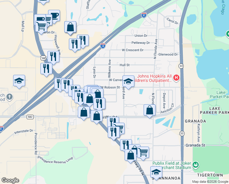 map of restaurants, bars, coffee shops, grocery stores, and more near 614 West Williams Street in Lakeland
