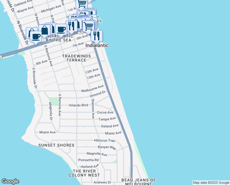 map of restaurants, bars, coffee shops, grocery stores, and more near 1305 South Miramar Avenue in Indialantic