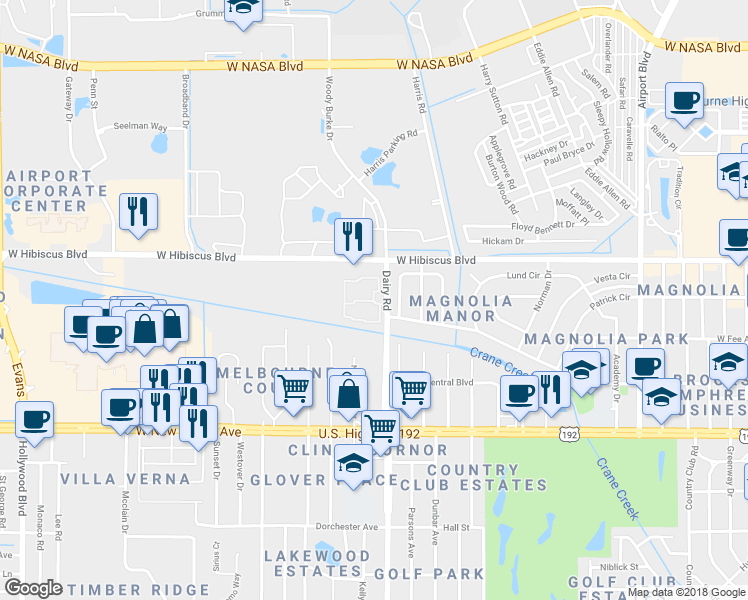 map of restaurants, bars, coffee shops, grocery stores, and more near 230 San Paulo Circle in West Melbourne