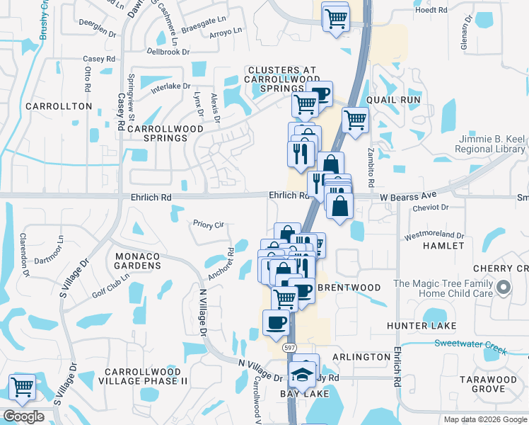 map of restaurants, bars, coffee shops, grocery stores, and more near 14810 Par Club Circle in Tampa