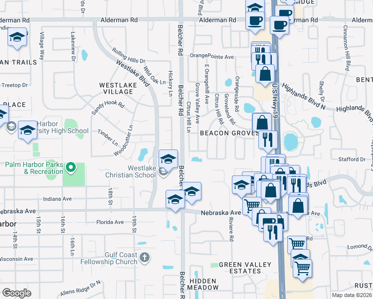 map of restaurants, bars, coffee shops, grocery stores, and more near 1714 Citrus Hill Lane in Palm Harbor