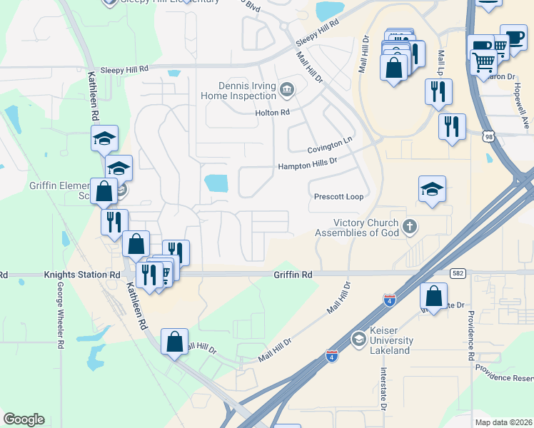 map of restaurants, bars, coffee shops, grocery stores, and more near 1822 Masters Lane in Lakeland