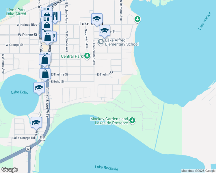 map of restaurants, bars, coffee shops, grocery stores, and more near 1113 Alexander Way in Lake Alfred