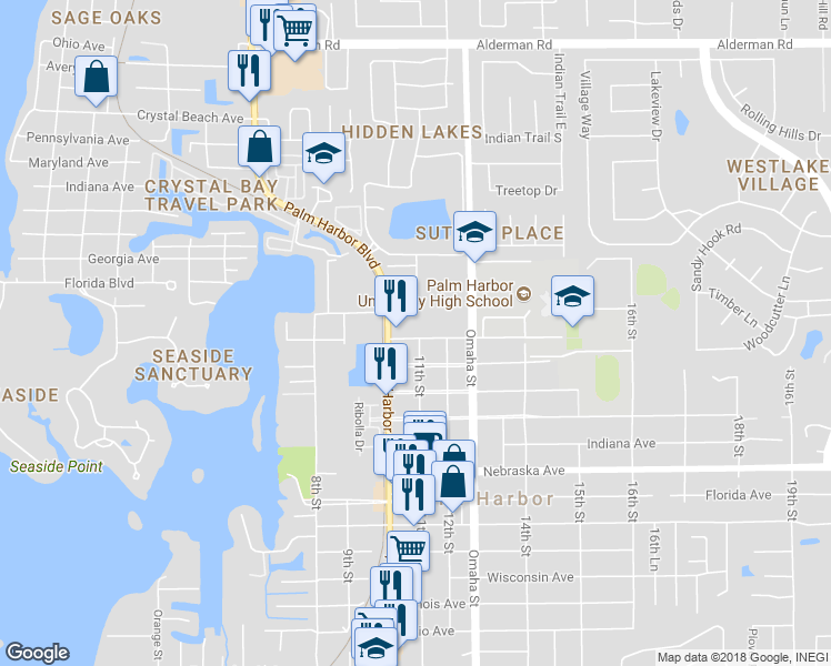map of restaurants, bars, coffee shops, grocery stores, and more near 1023 Delaware Avenue in Palm Harbor