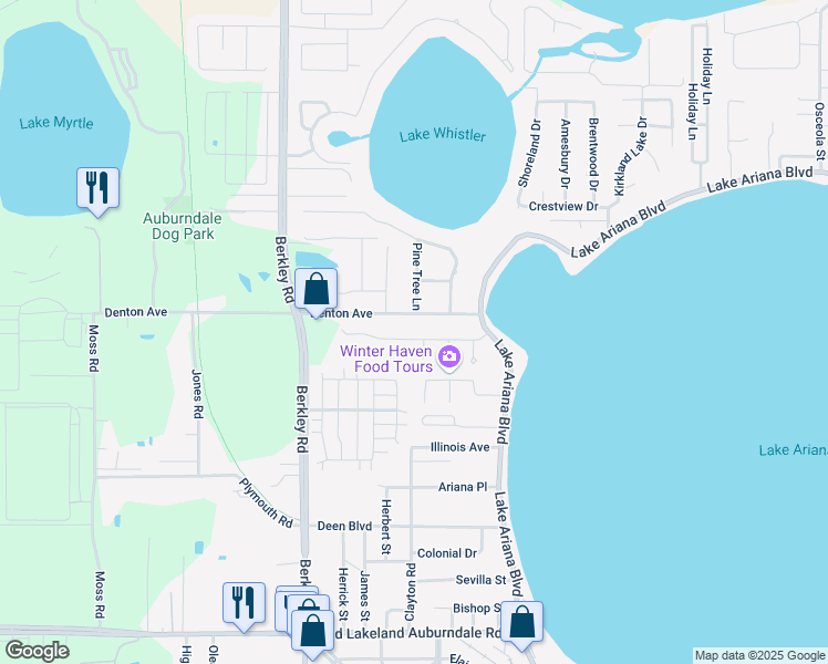 map of restaurants, bars, coffee shops, grocery stores, and more near 176 Amber Boulevard in Auburndale