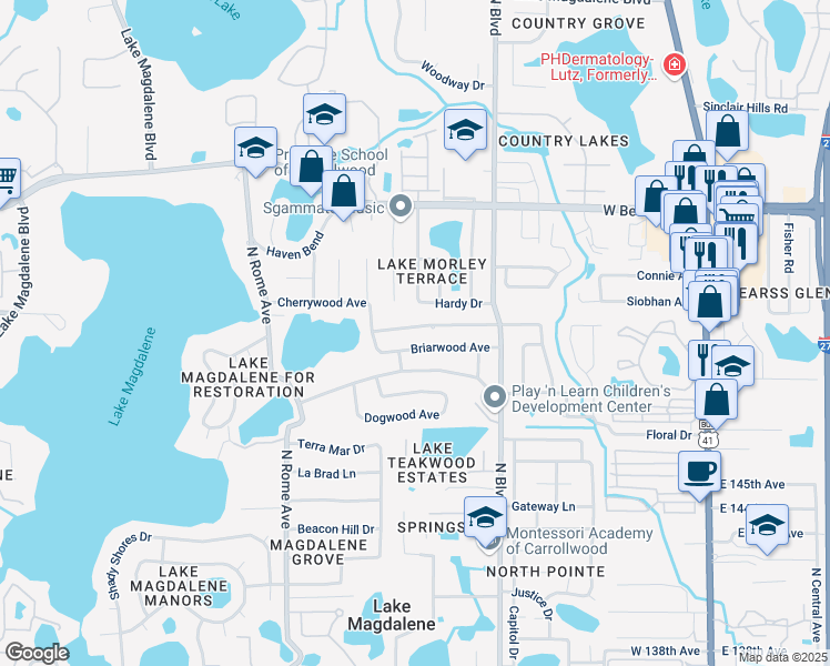 map of restaurants, bars, coffee shops, grocery stores, and more near 14901 Northwood Village Lane in Tampa