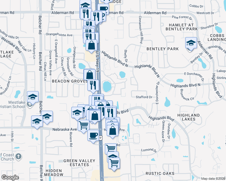 map of restaurants, bars, coffee shops, grocery stores, and more near 1750 Pine Ridge Way West in Palm Harbor