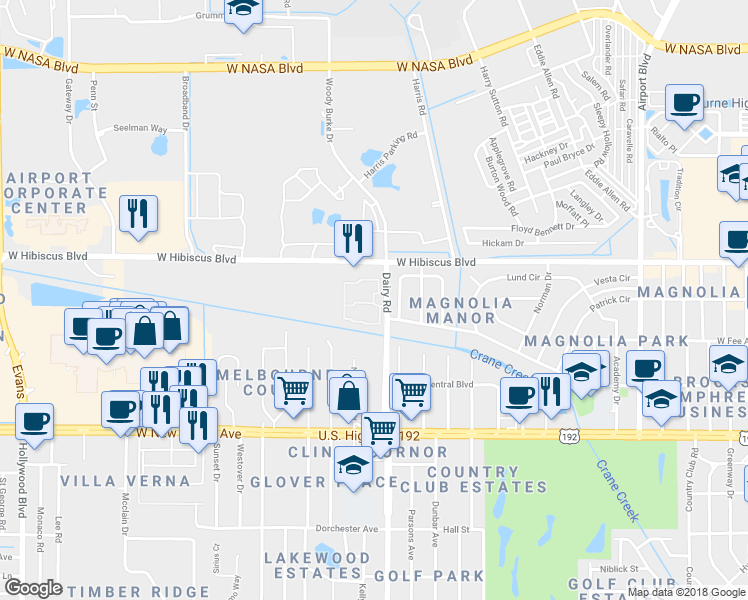 map of restaurants, bars, coffee shops, grocery stores, and more near 206 San Paulo Circle in West Melbourne