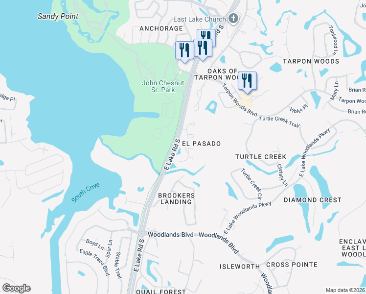 map of restaurants, bars, coffee shops, grocery stores, and more near 1801 East Lake Road South in Palm Harbor