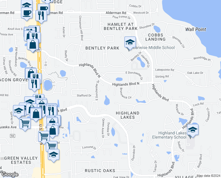 map of restaurants, bars, coffee shops, grocery stores, and more near 1664 Bentley Court in Palm Harbor