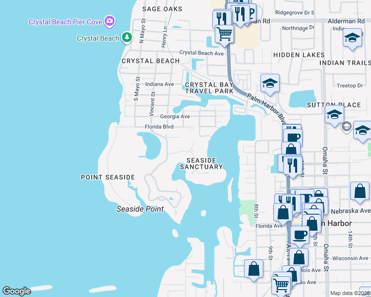 map of restaurants, bars, coffee shops, grocery stores, and more near 335 Sanctuary Drive in Palm Harbor