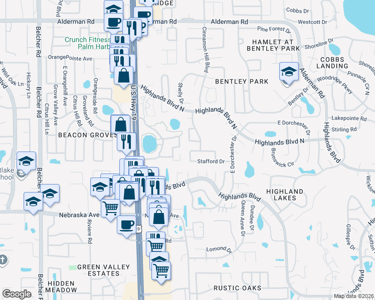 map of restaurants, bars, coffee shops, grocery stores, and more near 1751 Pine Ridge Way East in Palm Harbor