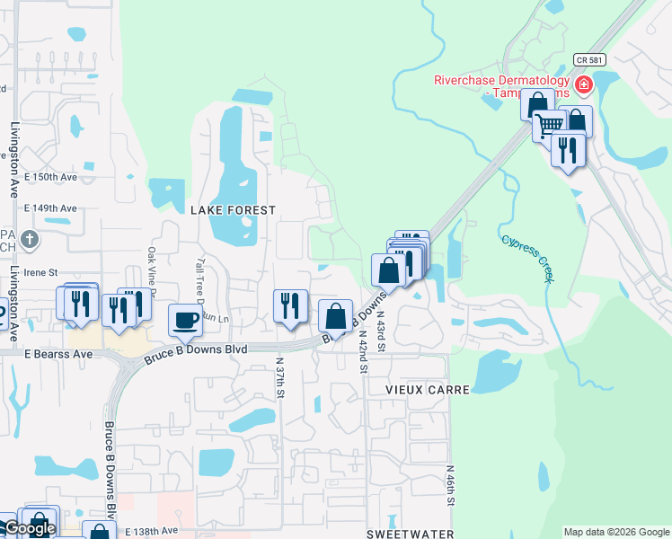 map of restaurants, bars, coffee shops, grocery stores, and more near 14733 Norwood Oaks Drive in Tampa