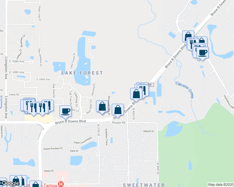 map of restaurants, bars, coffee shops, grocery stores, and more near 14733 Norwood Oaks Drive in Tampa