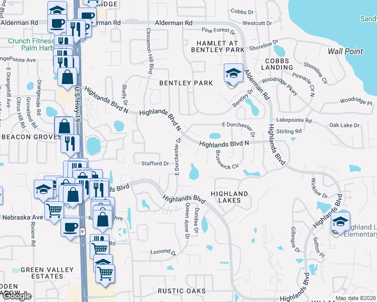 map of restaurants, bars, coffee shops, grocery stores, and more near 1664 Bentley Court in Palm Harbor