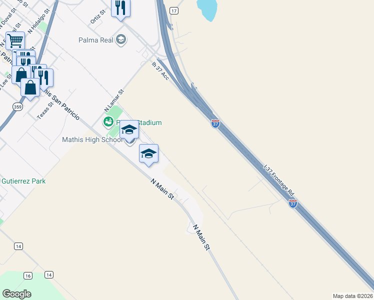 map of restaurants, bars, coffee shops, grocery stores, and more near 9214 Farm to Market 666 in Mathis