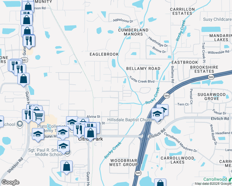 map of restaurants, bars, coffee shops, grocery stores, and more near 7302 Avonwood Street in Tampa