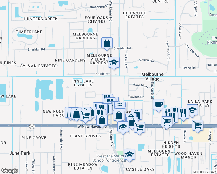map of restaurants, bars, coffee shops, grocery stores, and more near 1420 South Wickham Road in West Melbourne