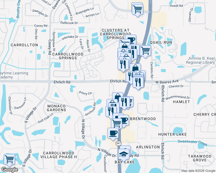 map of restaurants, bars, coffee shops, grocery stores, and more near 14902 Par Club Circle in Tampa