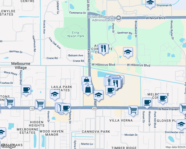 map of restaurants, bars, coffee shops, grocery stores, and more near 1701 Evans Road in Melbourne