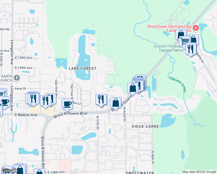 map of restaurants, bars, coffee shops, grocery stores, and more near 14733 Norwood Oaks Drive in Tampa