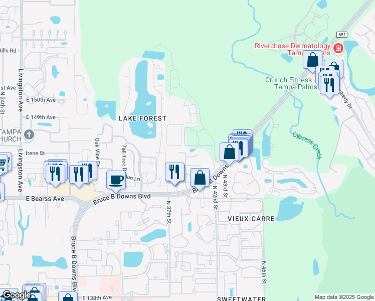 map of restaurants, bars, coffee shops, grocery stores, and more near 14739 Norwood Oaks Drive in Tampa
