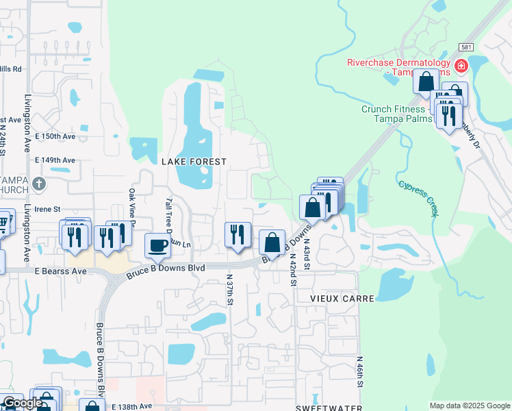 map of restaurants, bars, coffee shops, grocery stores, and more near 14733 Norwood Oaks Drive in Tampa