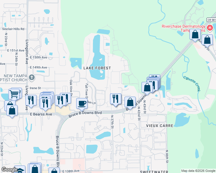 map of restaurants, bars, coffee shops, grocery stores, and more near 14738 Morning Drive in Lutz