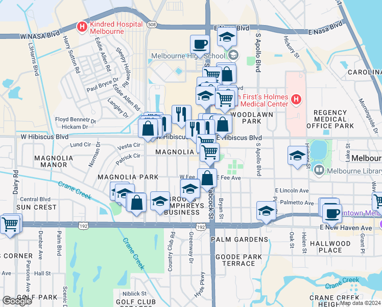 map of restaurants, bars, coffee shops, grocery stores, and more near 1511 Mitchell Street in Melbourne