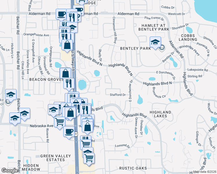 map of restaurants, bars, coffee shops, grocery stores, and more near 1303 Woodstock Drive in Palm Harbor