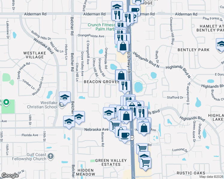 map of restaurants, bars, coffee shops, grocery stores, and more near 1790 East Orangeside Road in Palm Harbor