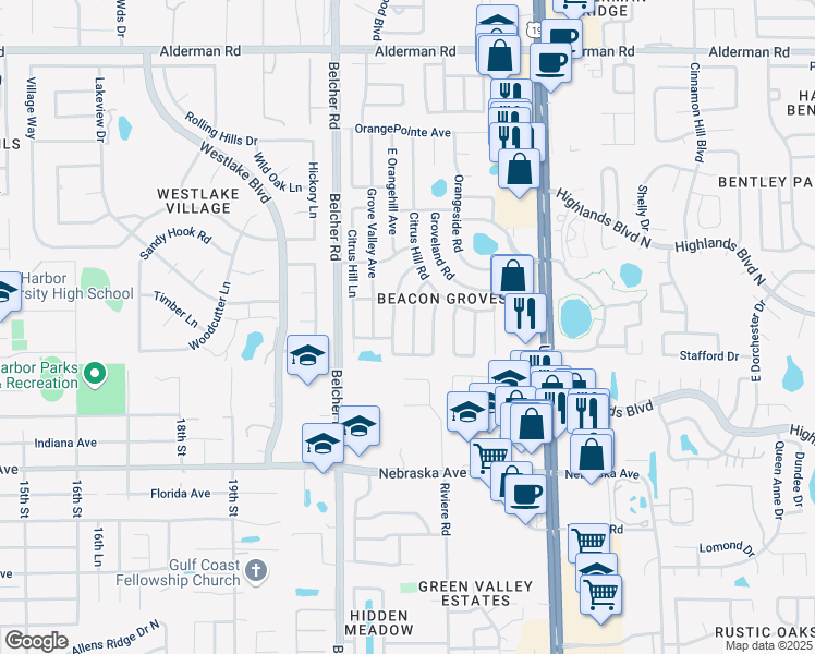 map of restaurants, bars, coffee shops, grocery stores, and more near 1737 East Groveleaf Avenue in Palm Harbor