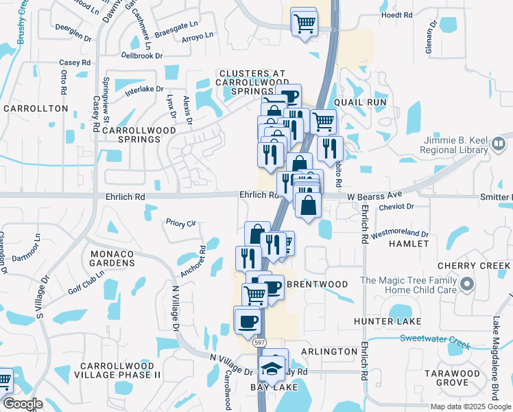 map of restaurants, bars, coffee shops, grocery stores, and more near 3802 Ehrlich Road in Tampa