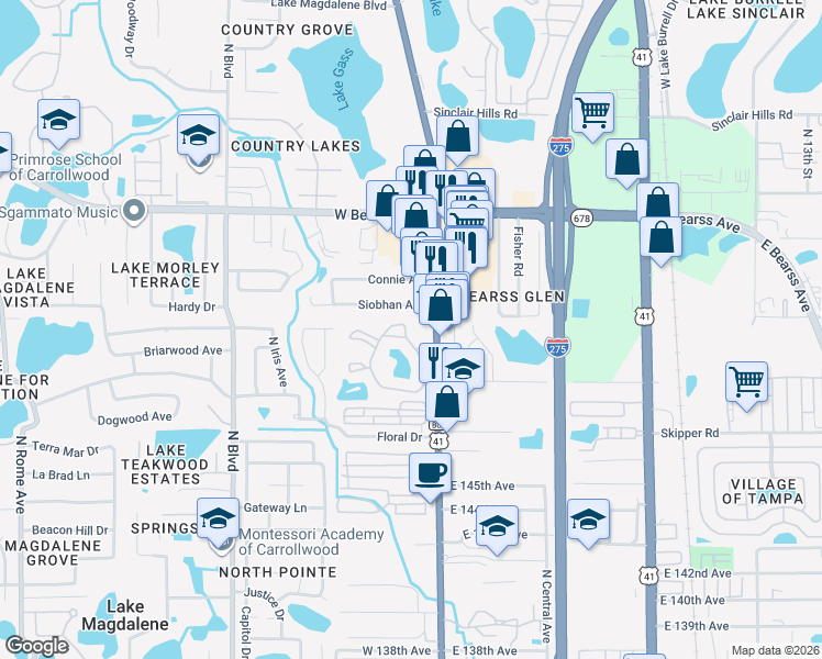 map of restaurants, bars, coffee shops, grocery stores, and more near 375 Windwood Oaks Drive in Tampa