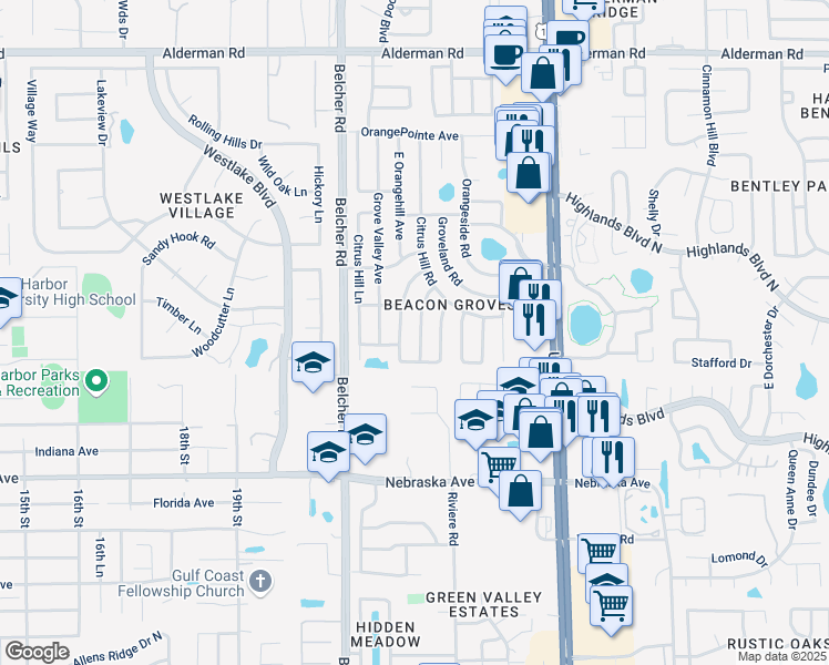map of restaurants, bars, coffee shops, grocery stores, and more near 1737 East Groveleaf Avenue in Palm Harbor