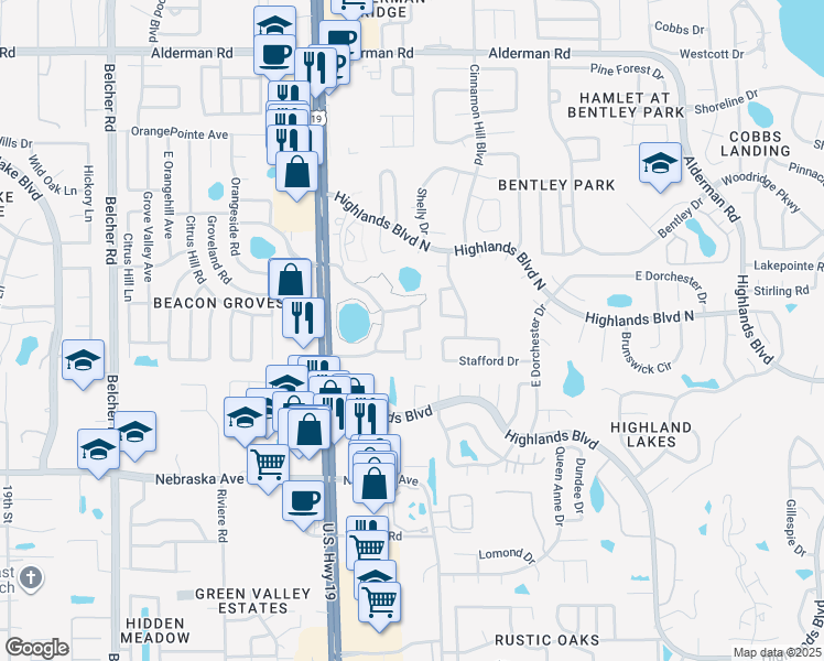 map of restaurants, bars, coffee shops, grocery stores, and more near 1751 Pine Ridge Way East in Palm Harbor