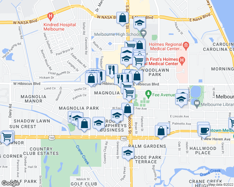 map of restaurants, bars, coffee shops, grocery stores, and more near 30 Seminole Avenue West in Melbourne