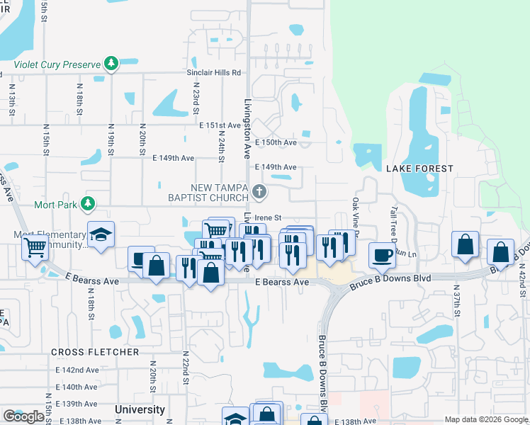 map of restaurants, bars, coffee shops, grocery stores, and more near 2612 Irene Street in Lutz
