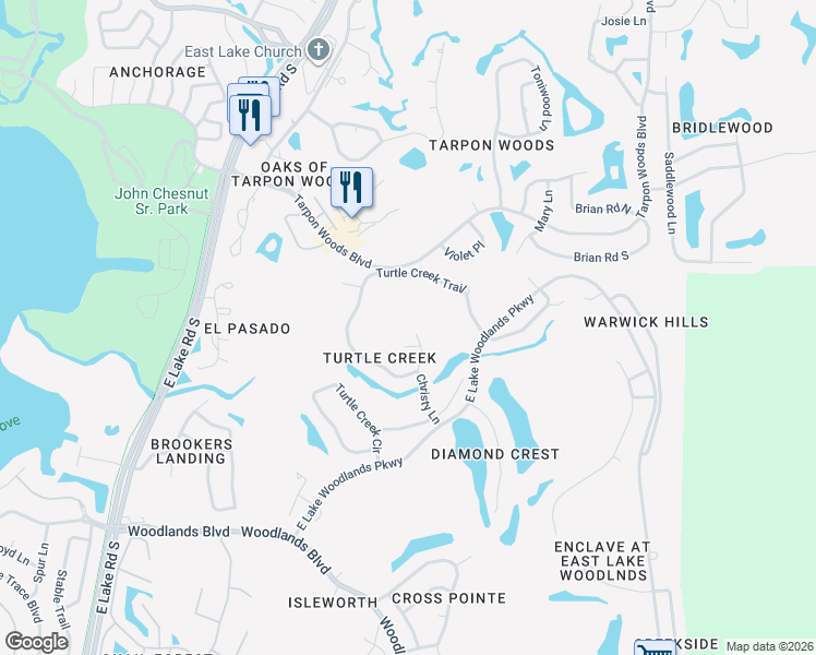 map of restaurants, bars, coffee shops, grocery stores, and more near 2270 Christy Lane in Oldsmar