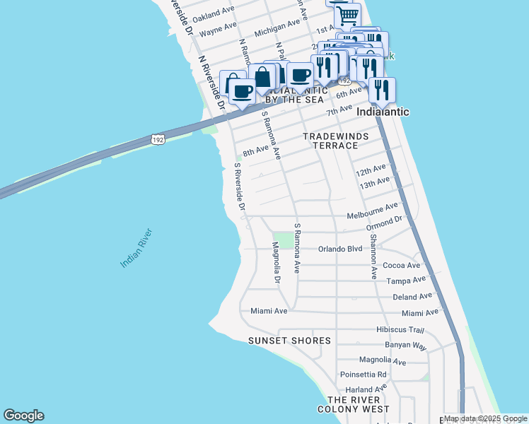 map of restaurants, bars, coffee shops, grocery stores, and more near 432 Melbourne Avenue in Indialantic