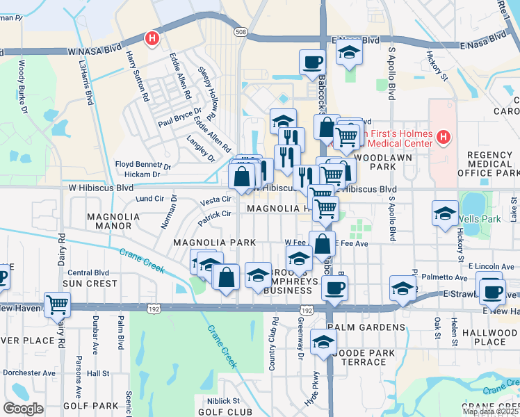 map of restaurants, bars, coffee shops, grocery stores, and more near 129 West Hibiscus Boulevard in Melbourne
